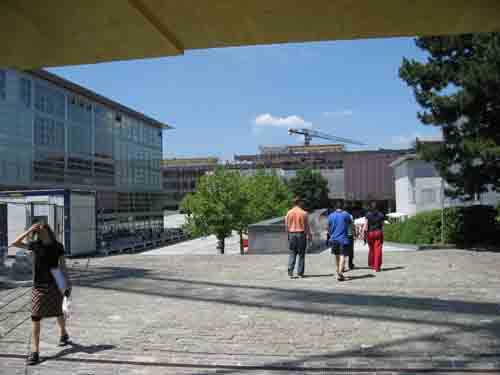 View from the main Physics Lecture Hall Building toward the bus stop and the architecture building.